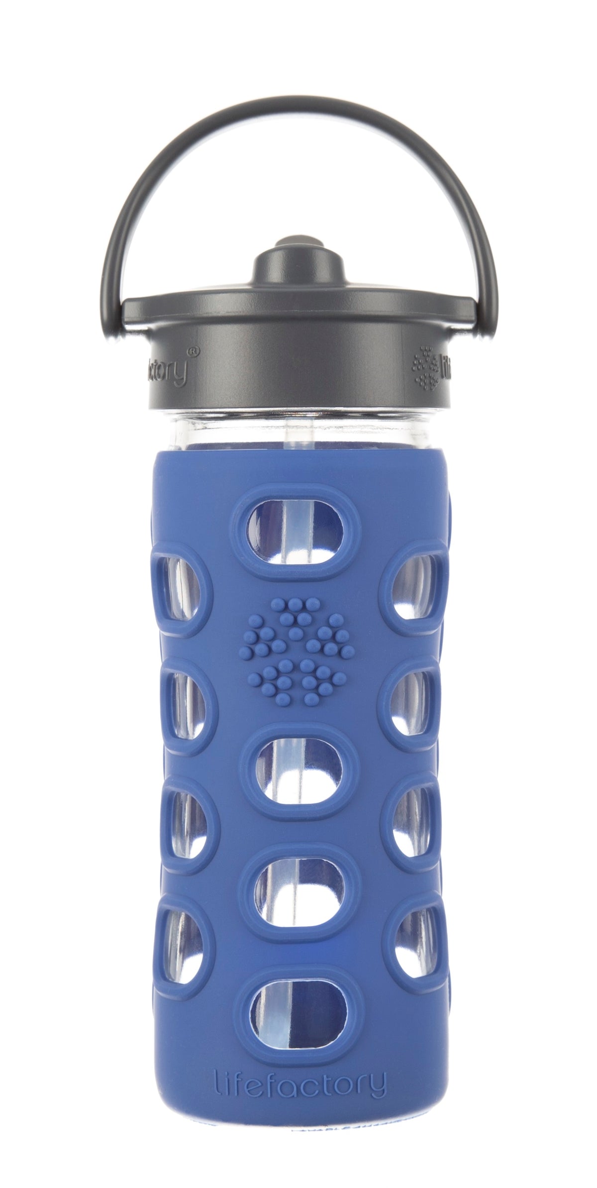 Lifefactory 284041 Glass Water Bottle with Straw Cap, 12 Oz, Cobalt