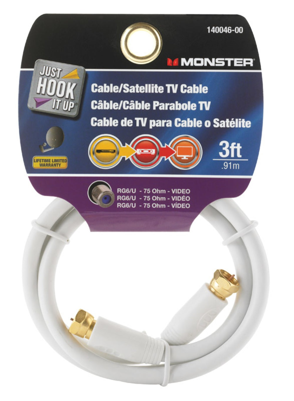 Monster 140046-00 Just Hook It Up RG 6 Video Cable Coaxial, 3', White