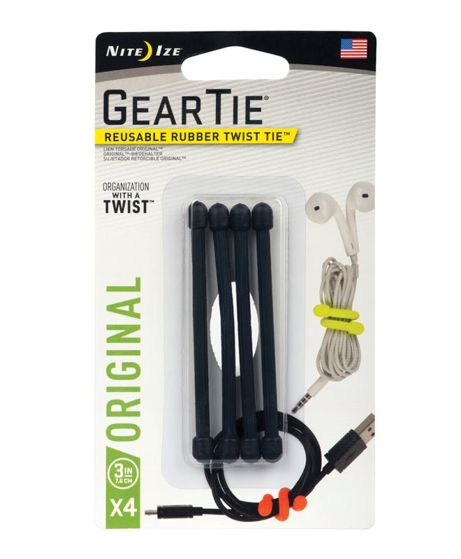 Nite Ize GT3-4PK-01 Reusable Rubber Twist Ties, Black