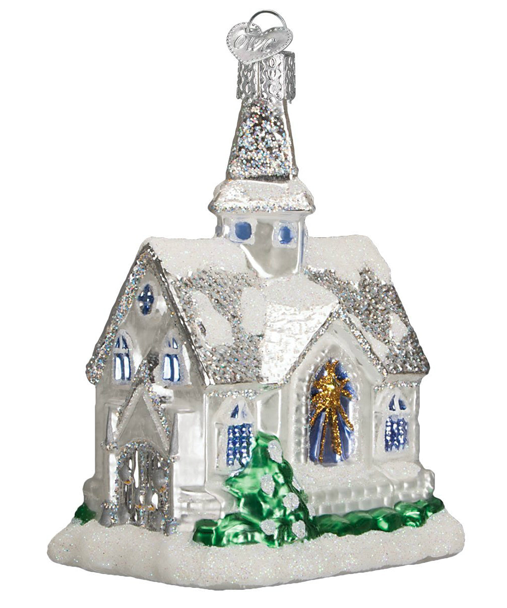 Old World Christmas 20076 Glass Sparkling Church Ornament, Silver & Blue