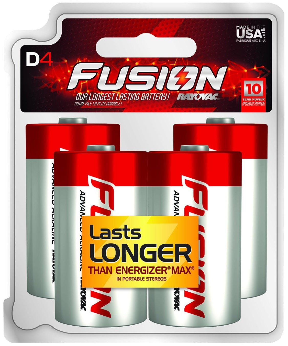 Rayovac 813-4TFUS Fusion Long-Lasting Alkaline Batteries, D, 4/Pack