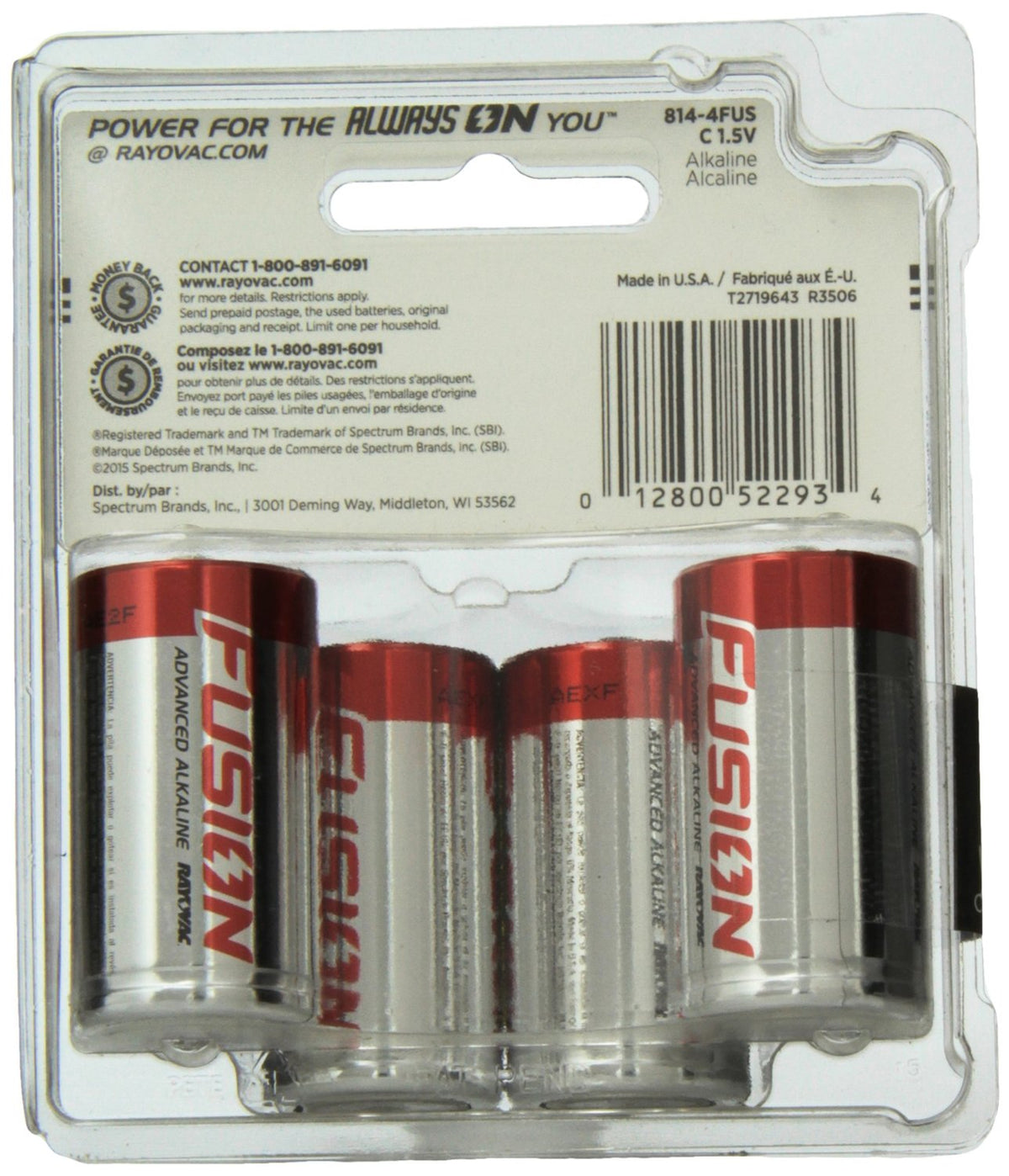 Rayovac 814-4TFUS Fusion Long-Lasting Alkaline Batteries, C, 4/Pack