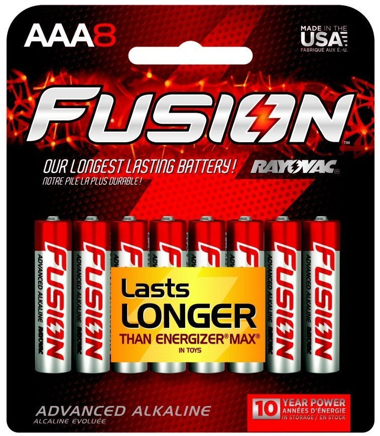 Rayovac 824-8CTFUS Fusion Long-Lasting Alkaline Batteries, AAA, 8/Pack