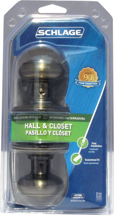 Schlage F10VGEO609 Georgian Hall and Closet Knob, Antique Brass