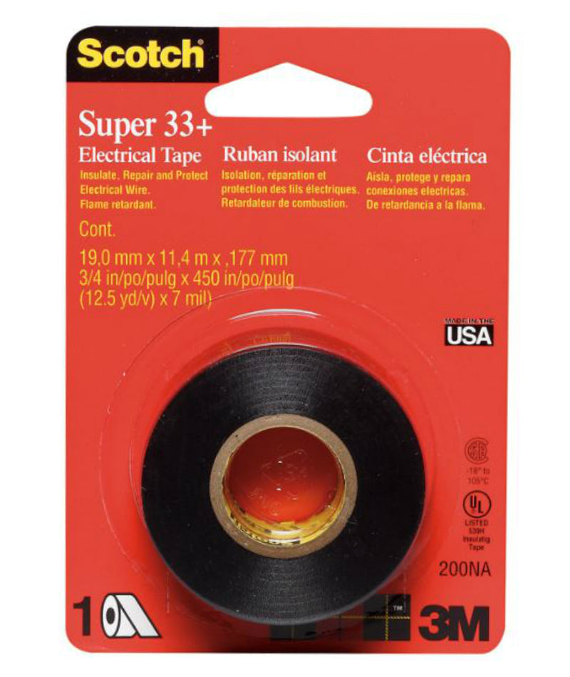 Scotch 200 Super 33+ Electrical Tape, 3/4" x 450", Black
