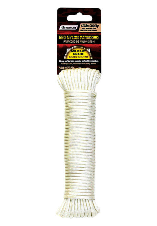 SecureLine NPC5503250W Braided Nylon Paracord, White, 5/32" x 50'