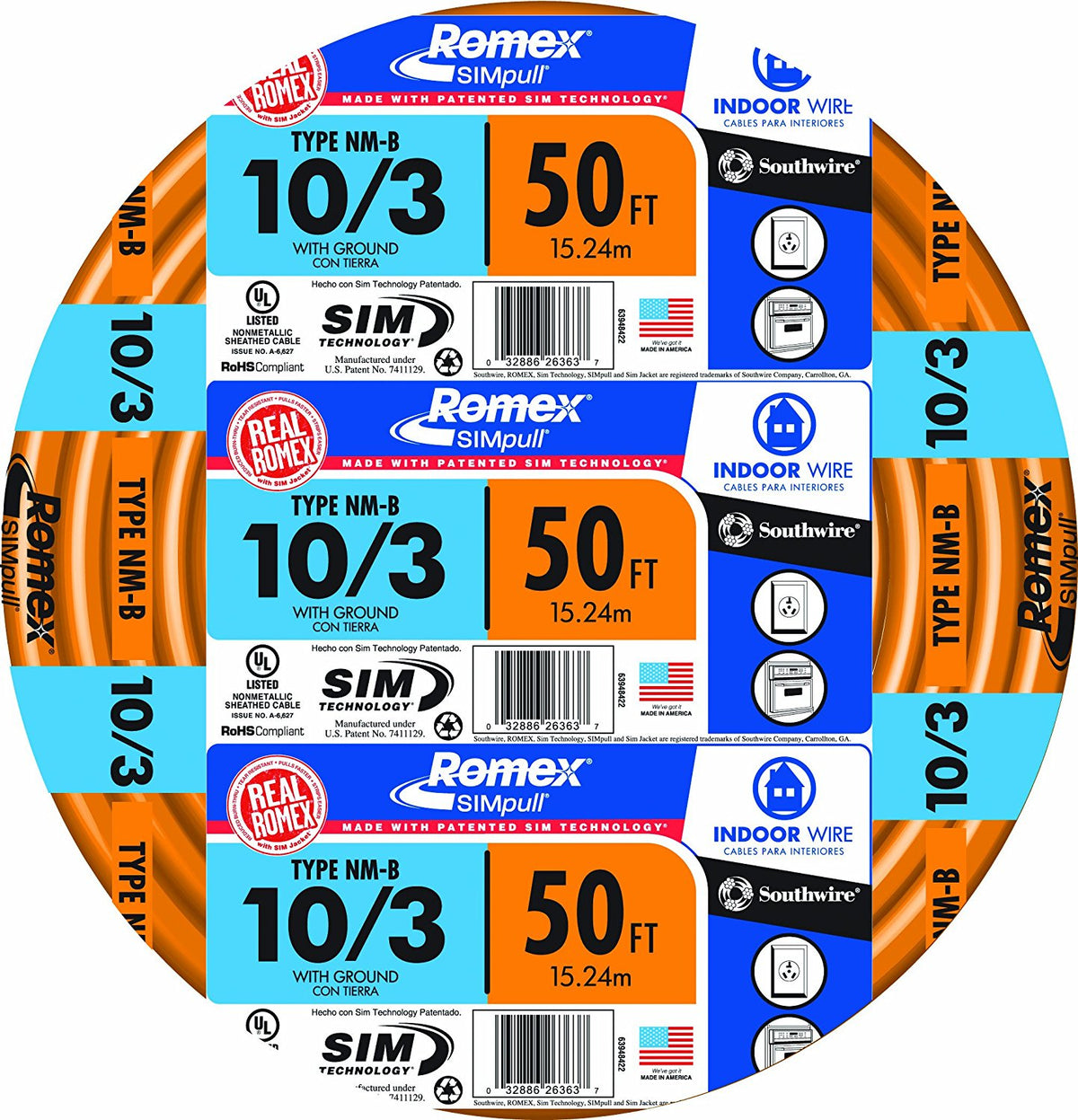 Southwire 63948422 Non-Metallic Building Wire, 10 Ga, 3 Conductor 30 Amp