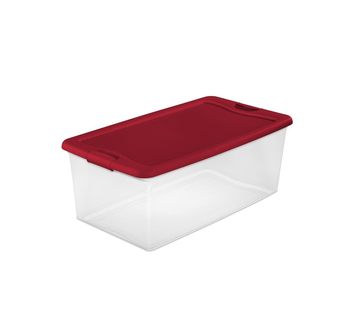 Sterilite 14996604 Latching Storage Box, Clear/Red, 106 Quart