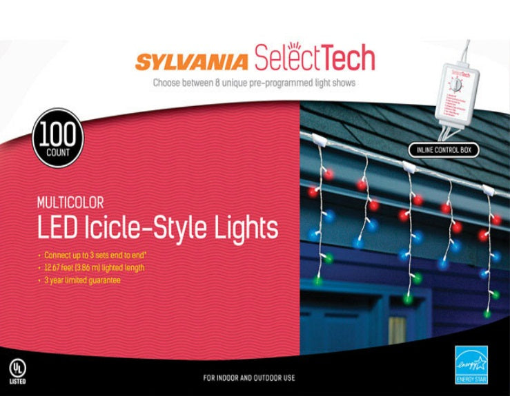 Sylvania V42016-71 LED Icicle Light Set, 100 Lights, Multicolor