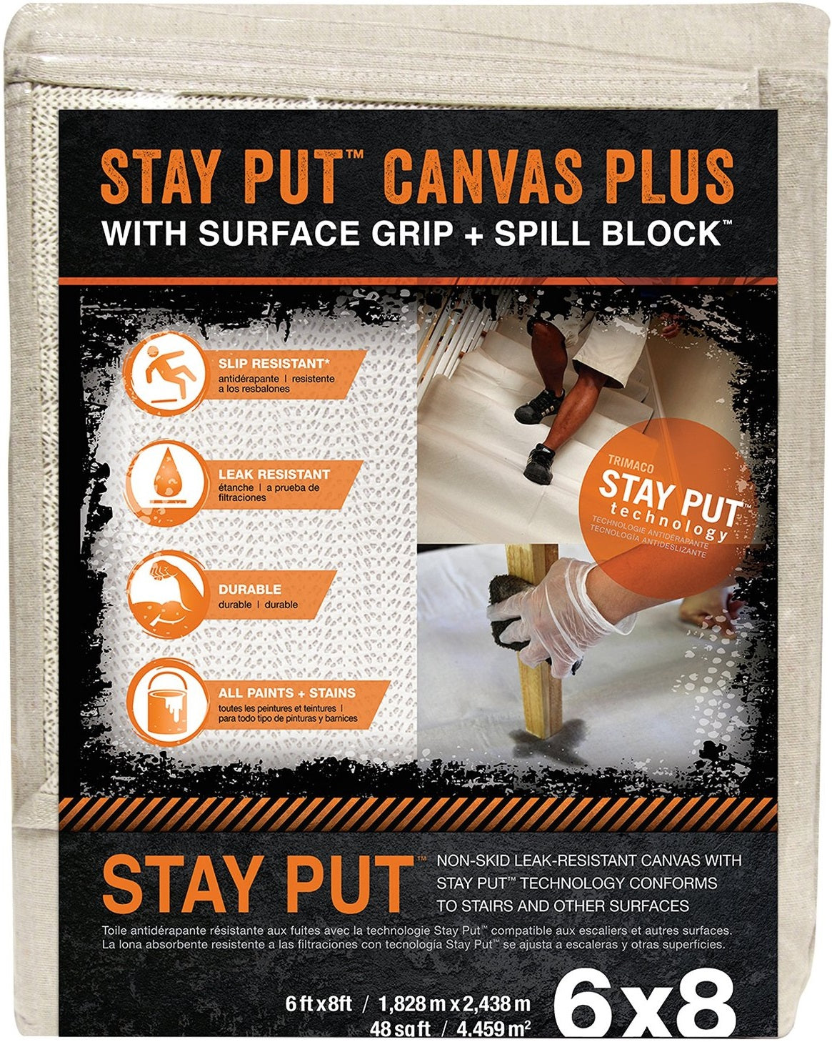 Trimaco 04329 Stay Put Canvas With Surface Grip & Spill Block, 6' x 8'