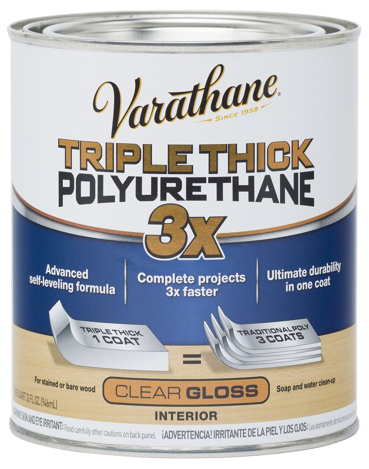 Varathane 284470 Triple Thick Semi-Transparent Polyurethane, Clear Gloss, 1 quart